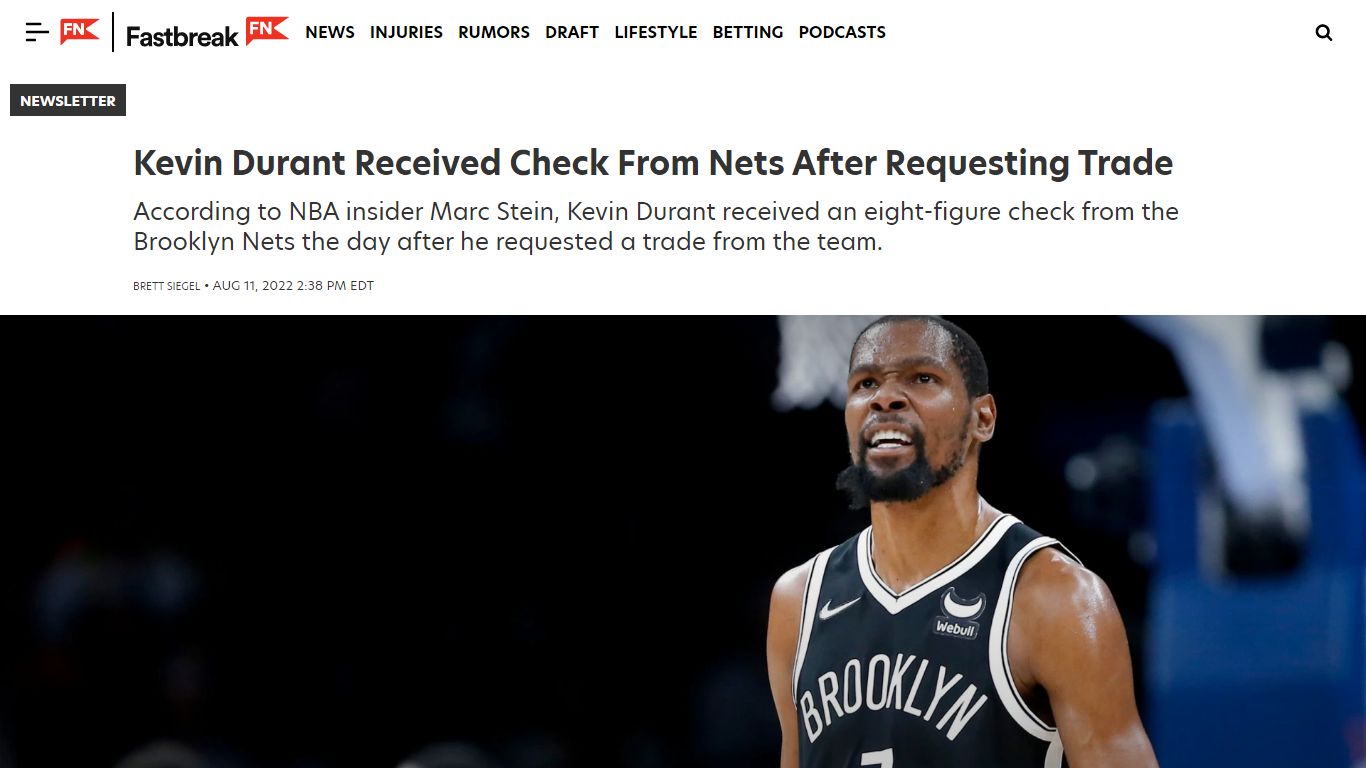 Kevin Durant Received Check From Nets After Requesting Trade